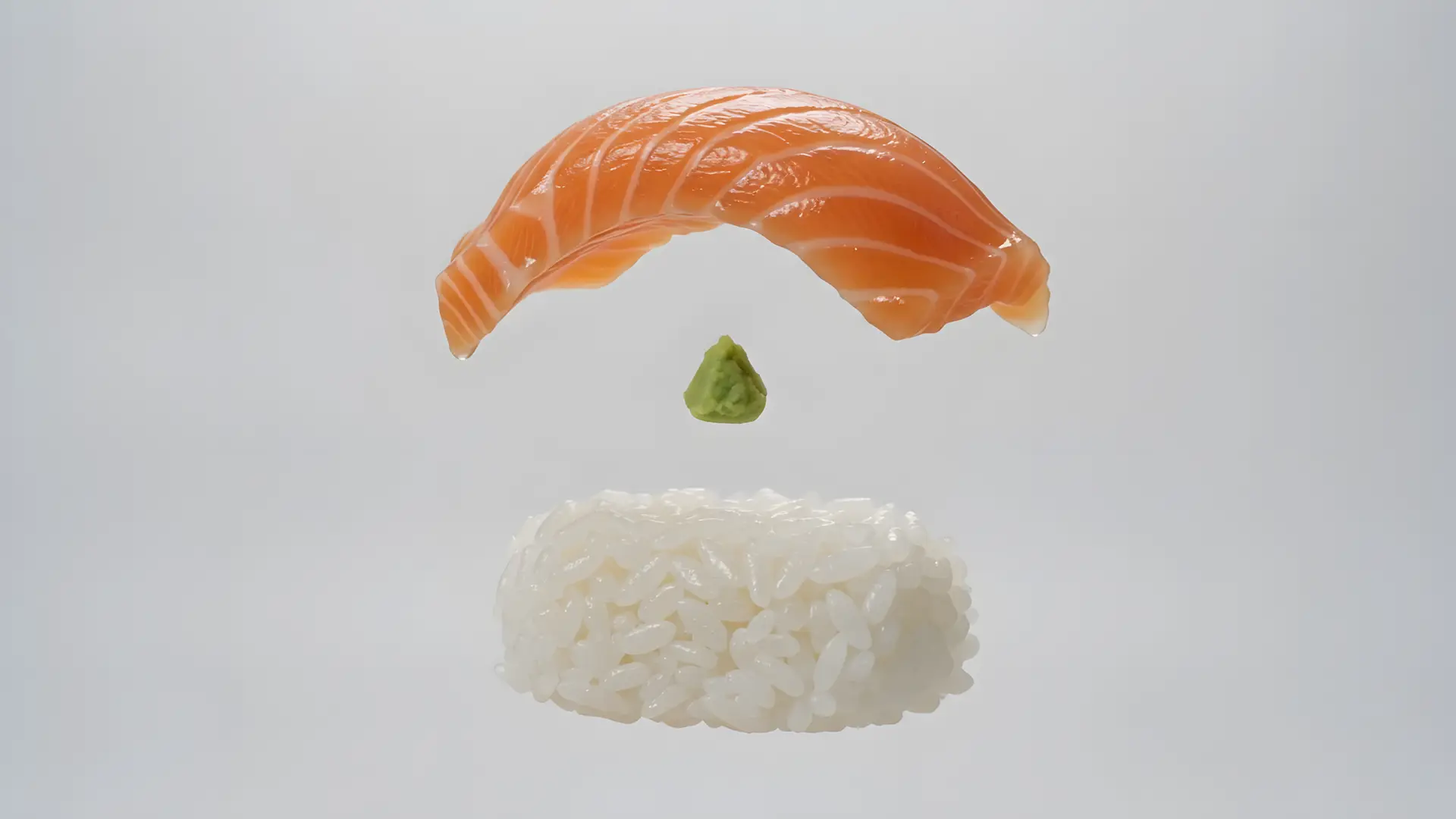 A piece of salmon nigiri assembling itself — rice, wasabi and salmon settling onto a wooden board.